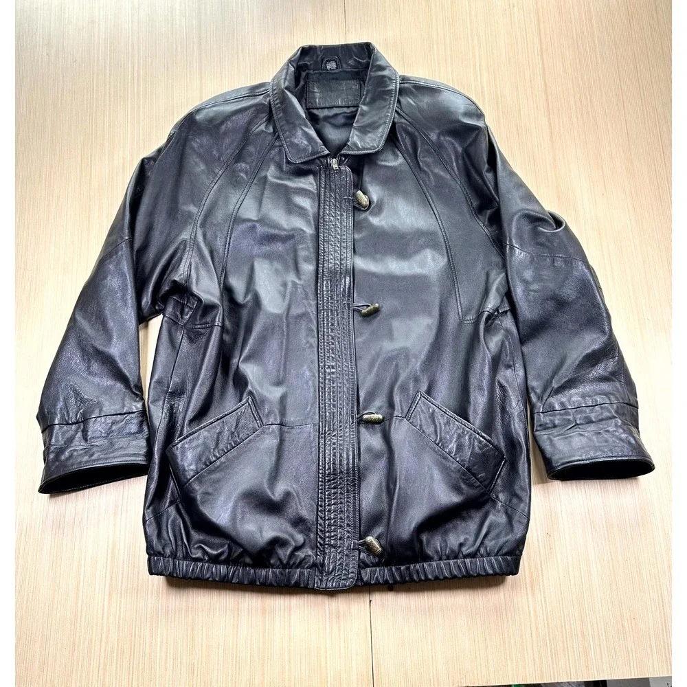 VTG Jacqueline Ferrar Leather Jacket Men's  XL Black Lined Raglan Sleeve‎ Retro